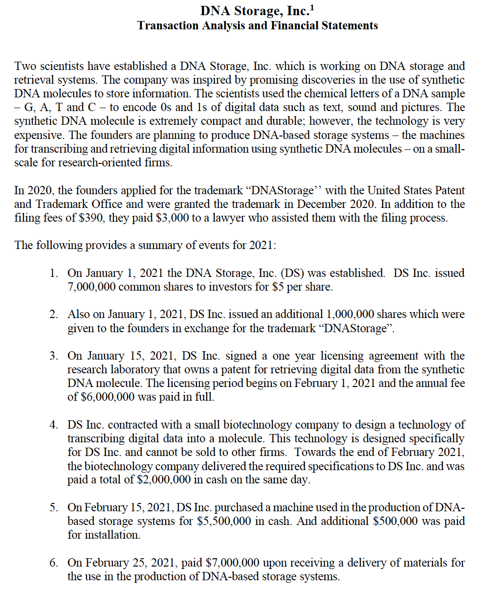  DNA Storage, Inc. \({}^{1}\) Transaction Analysis and Financial Statements Two scientists
