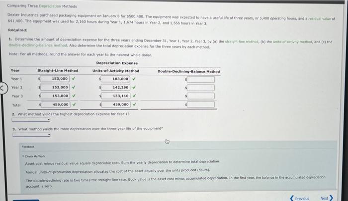 please help Comparing Three Depreciation Methods Dexter Industries purchased packaging equipment on