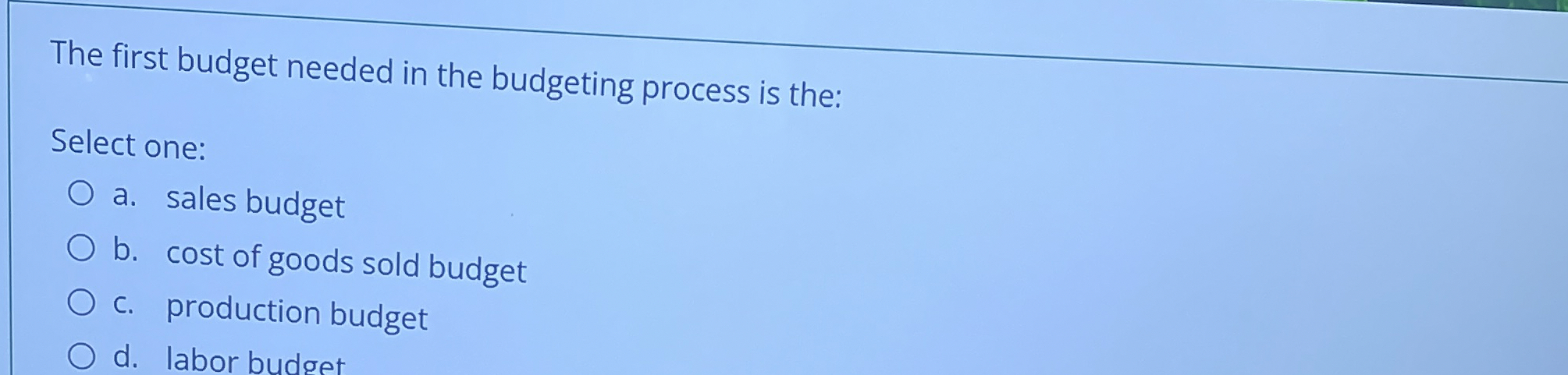 The first budget needed in the budgeting process is the: Select