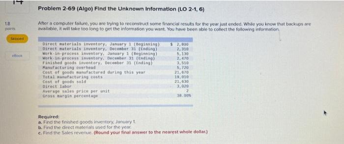 After a computer failure, you are trying to reconstruct some financial results