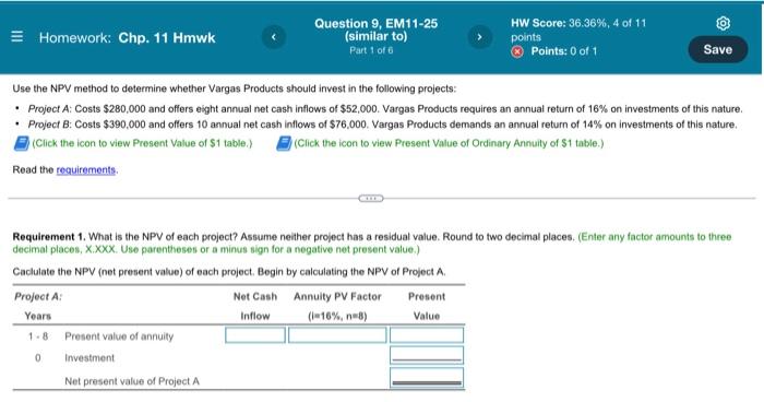 Points: 0 of 1 Save Use the NPV method to determine whether