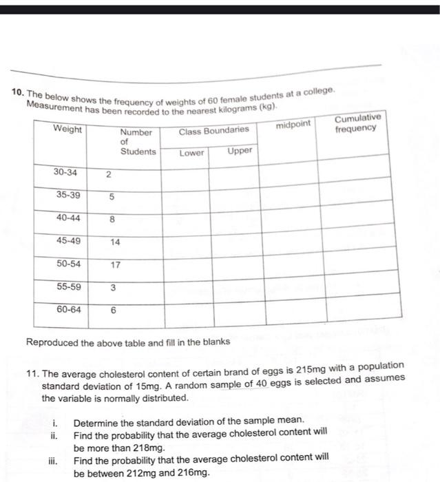 please show your calculation 10. The below shows the frequency of weights