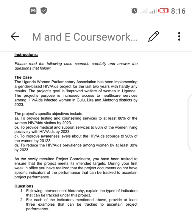 Question 0ne . .98:16 M and E Coursework... . .. Instructions: Please