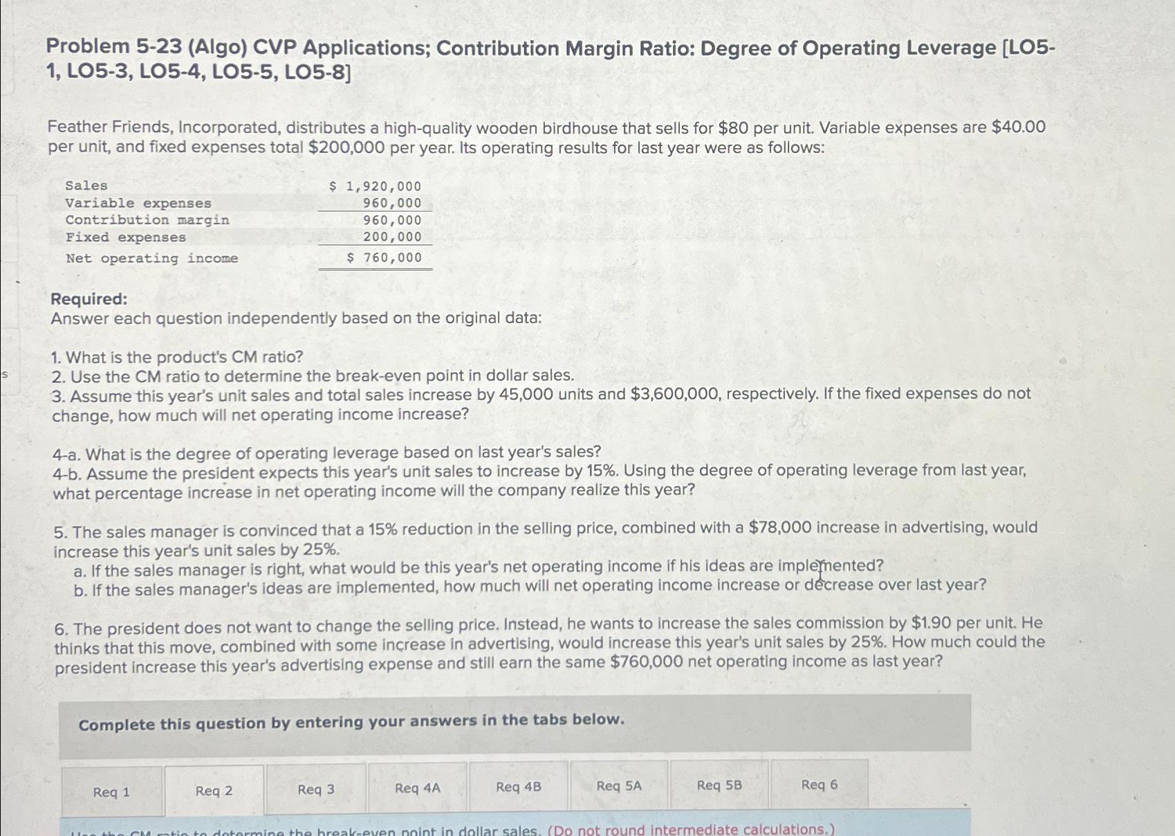  Problem 5-23(Algo) CVP Applications; Contribution Margin Ratio: Degree of Operating Leverage