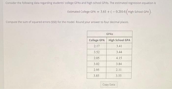 please help Consider the following data regarding students' college GPAs and high