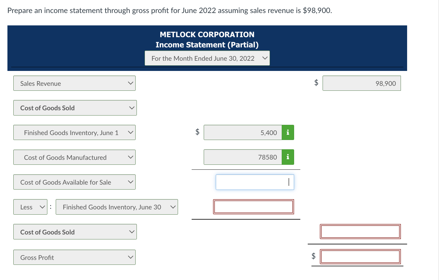 the blank boxes Metlock Corporation has the following cost records for June