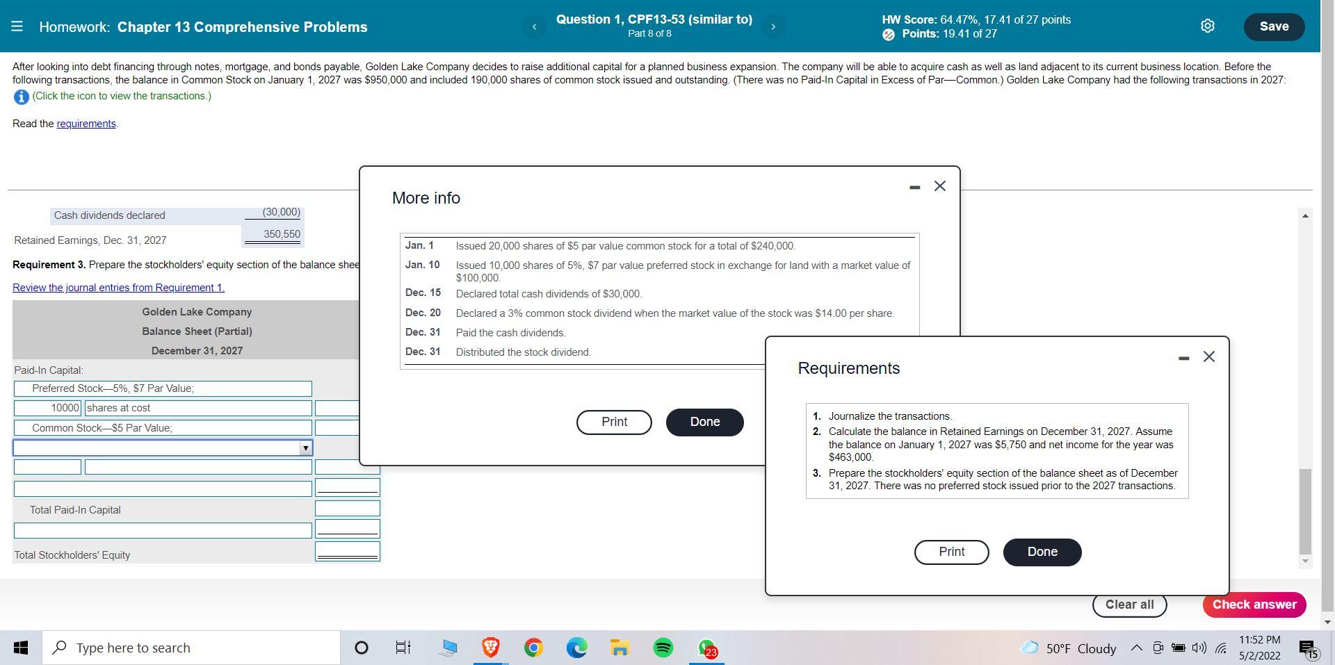 Solve plz Homework: Chapter 13 Comprehensive Problems Question 1, CPF13-53 (similar to)
