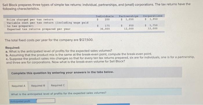 please help solve Sell Block prepares three types of simple tax returns:
