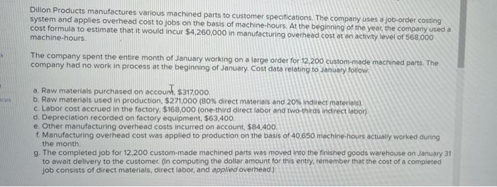 Dillon Products manufactures various machined parts to customer specifications. The company uses