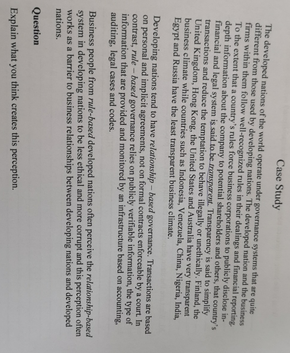 Explain (rule-based governance)and(relationship - based government) give some example. Case Study The