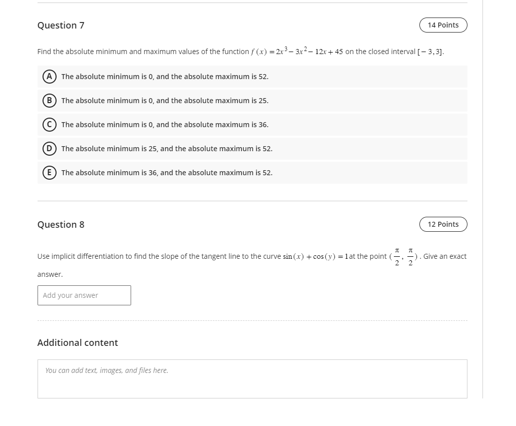  Find the absolute minimum and maximum values of the function f(x)=2x33x212x+45