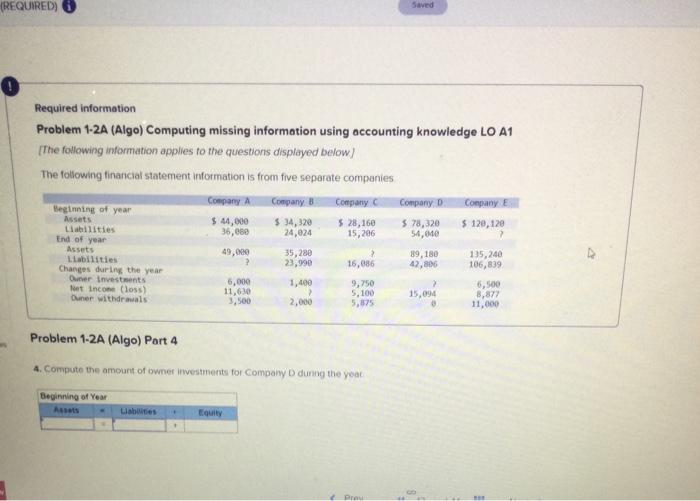  question 2 (REQUIRED) Saved Required information Problem 1-2A (Algo) Computing missing
