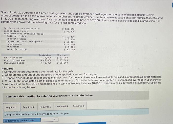 please answer all five questions Gitano Products operates a job-order costing system