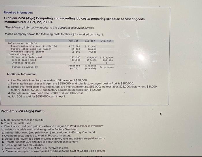 can o get help sove this problem Required information Problem 2-2A (Algo)