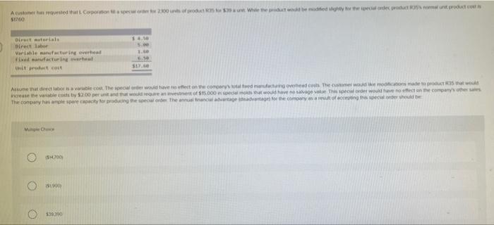 a special order for 2300 units of product R35 for $39 a