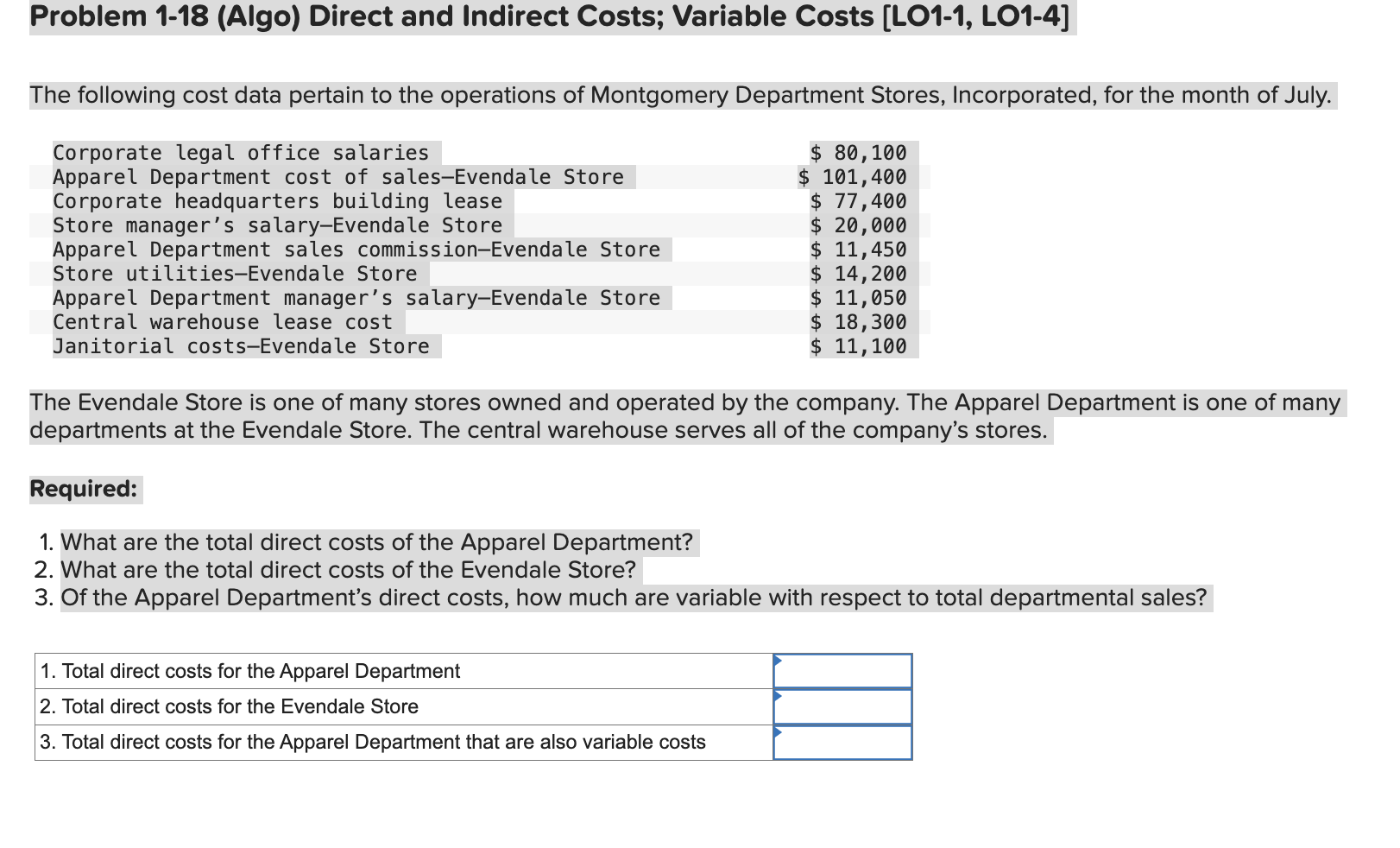  Problem 1-18(Algo) Direct and Indirect Costs; Variable Costs [LO1-1, L01-4] The
