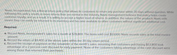  Navis, Incorporated, has a liberal return policy that allows its customers