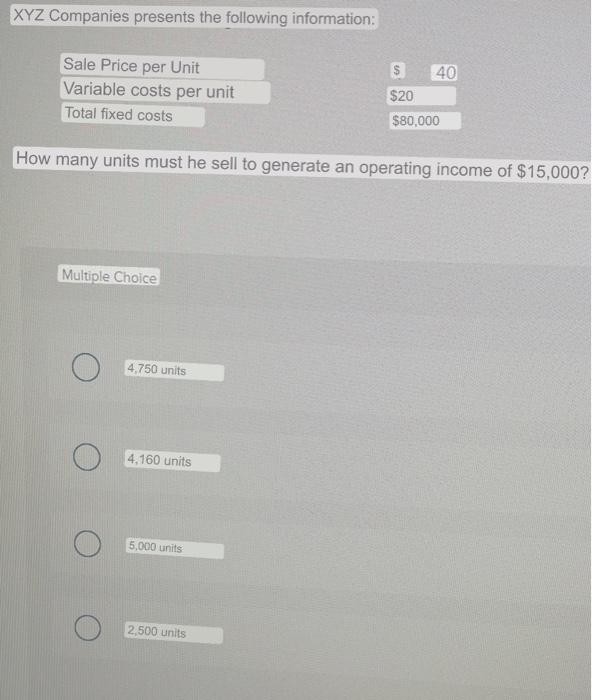 Companies presents the following information: Selling price per unit Variable costs per