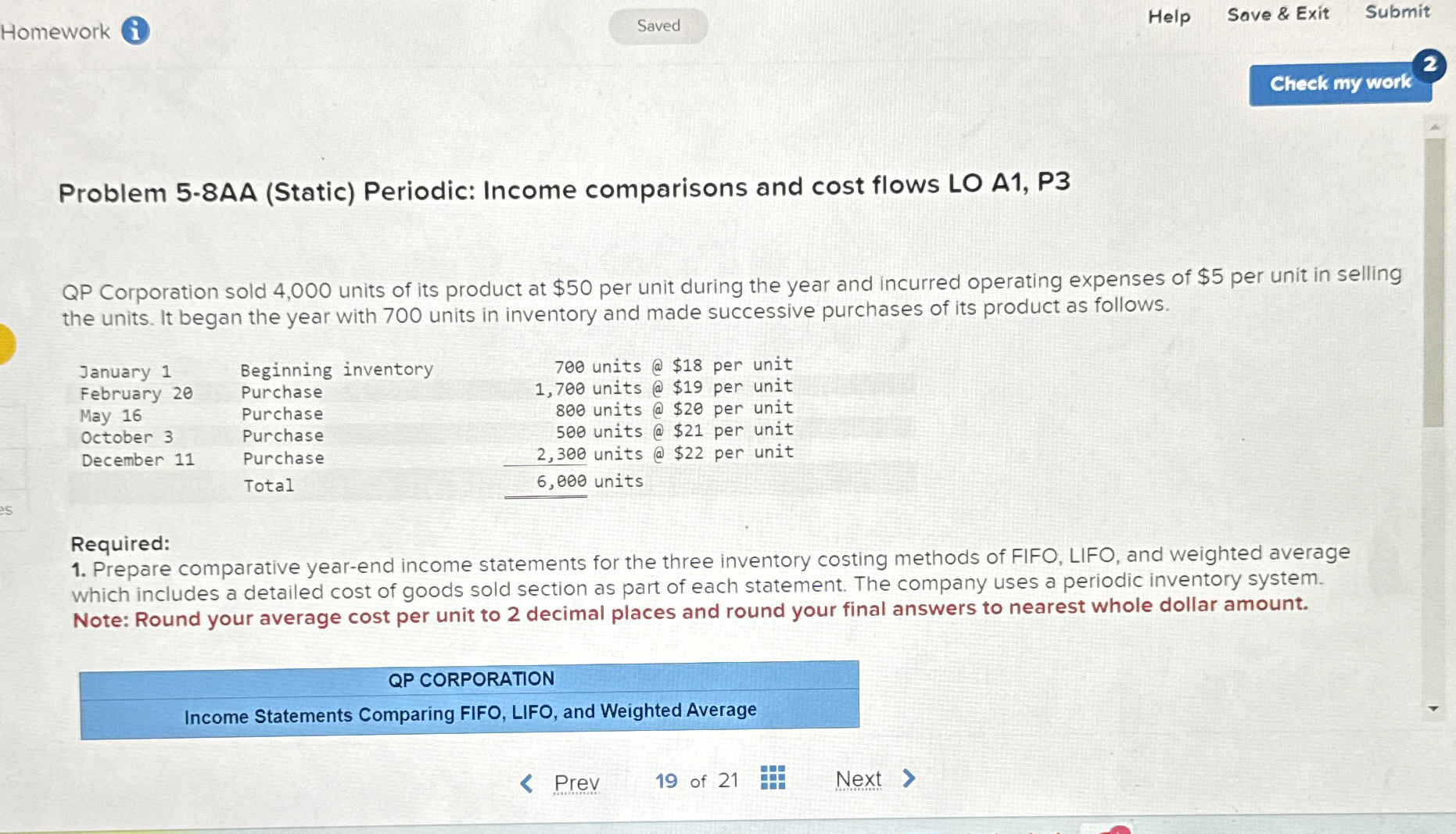  Problem 5-8AA (Static) Periodic: Income comparisons and cost flows LO A1,