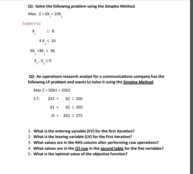 Solve the following problem using the Simplex Method Q1- Solve the following