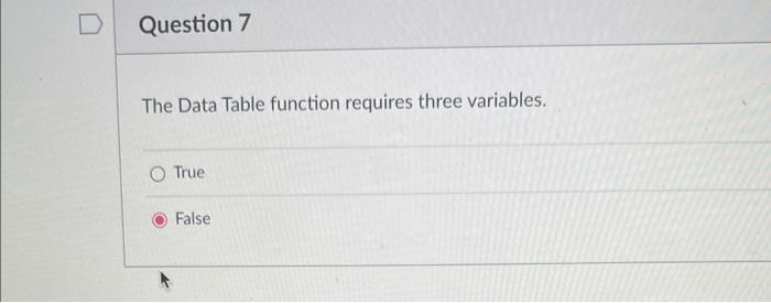  need help The Data Table function requires three variables. True False