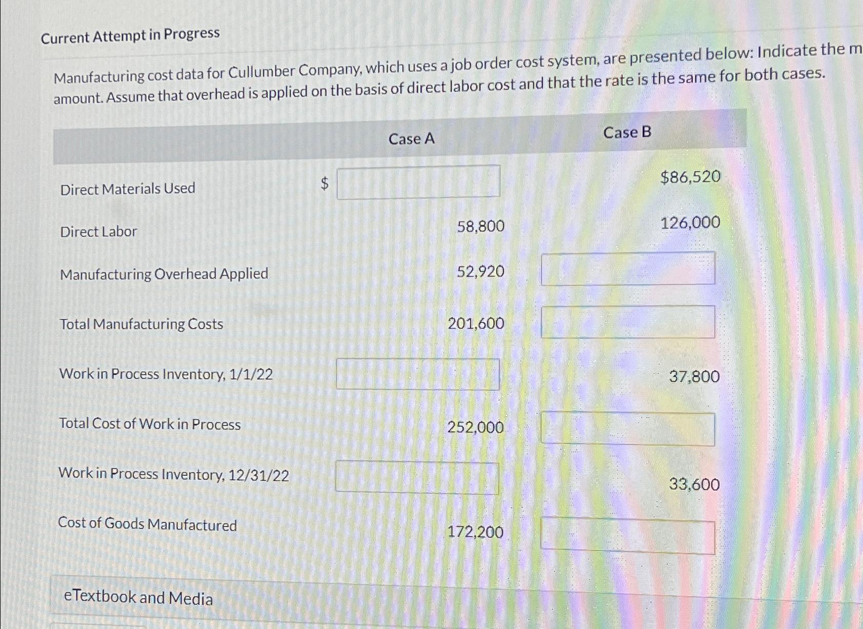  Current Attempt in Progress Manufacturing cost data for Cullumber Company, which