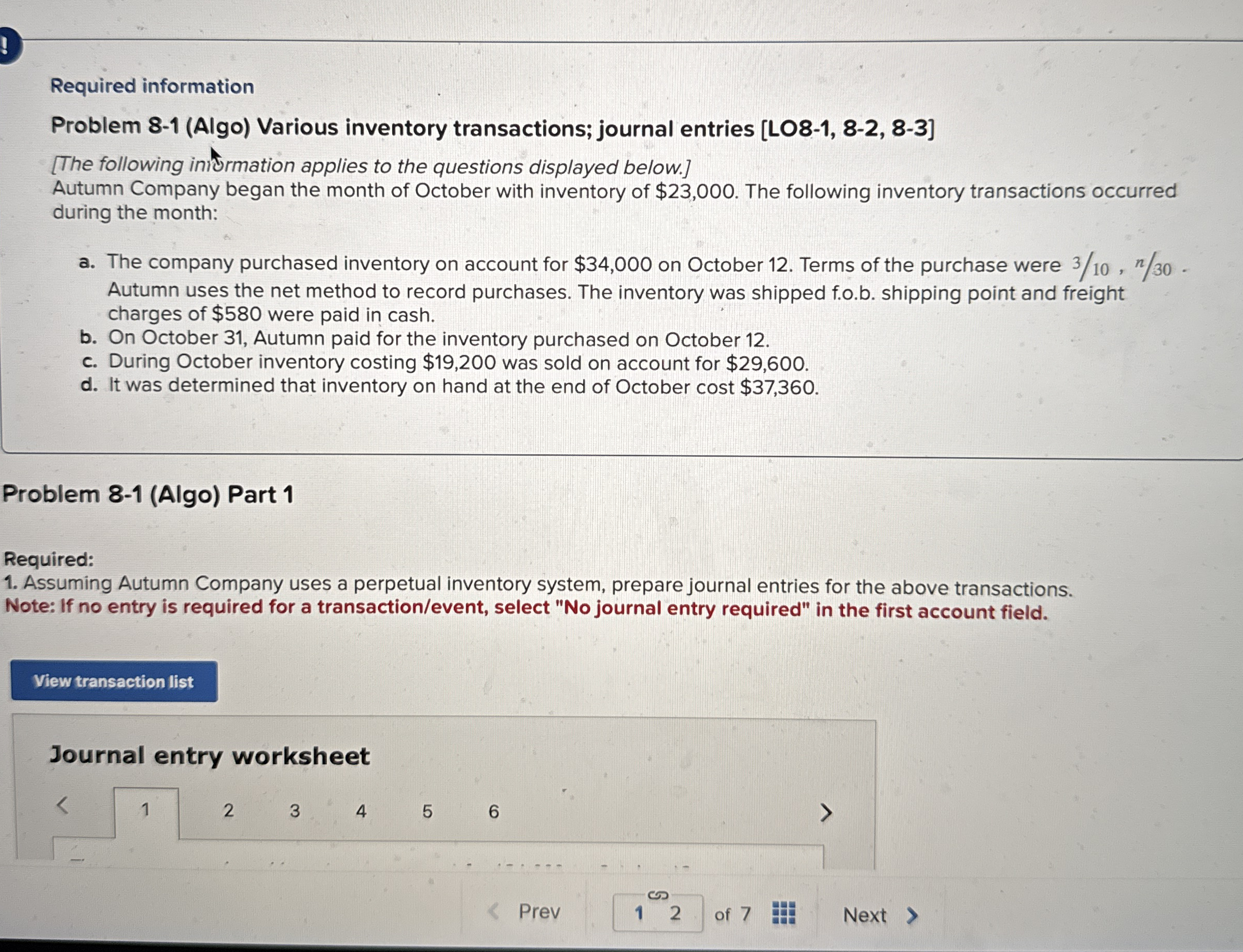  Required information Problem 8-1(Algo) Various inventory transactions; journal entries [LO8-1,8-2,8-3] [The