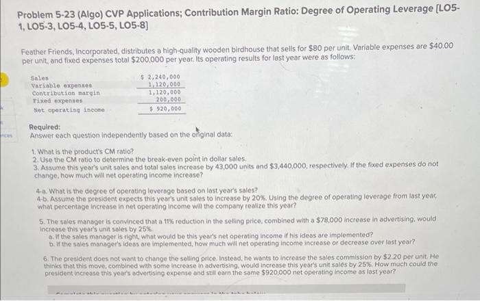 please do requirements 1- 6 Problem 5-23 (Algo) CVP Applications; Contribution Margin