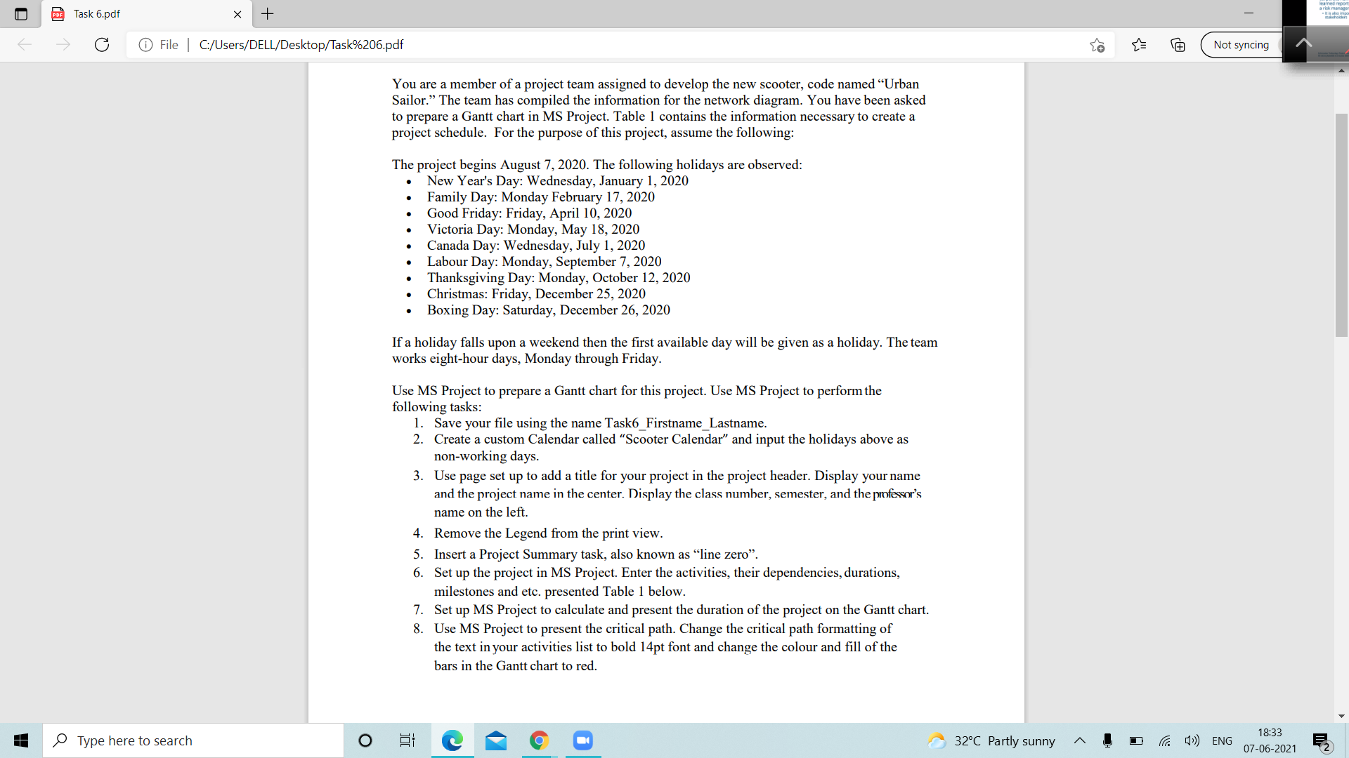 create MS project using this instruction por Task 6.pdf X + |