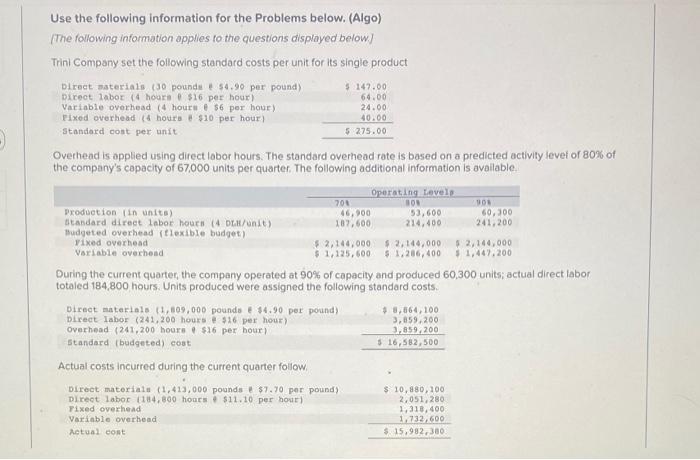 HELP Use the following information for the Problems below. (Algo) The following