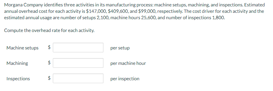 Morgana Company identifies three activities in its manufacturing process: machine setups, machining,