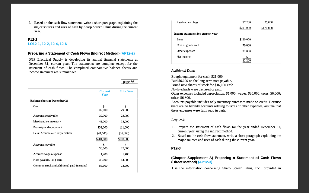 complete P12-2 2. Based on the cash flow statement, write a short