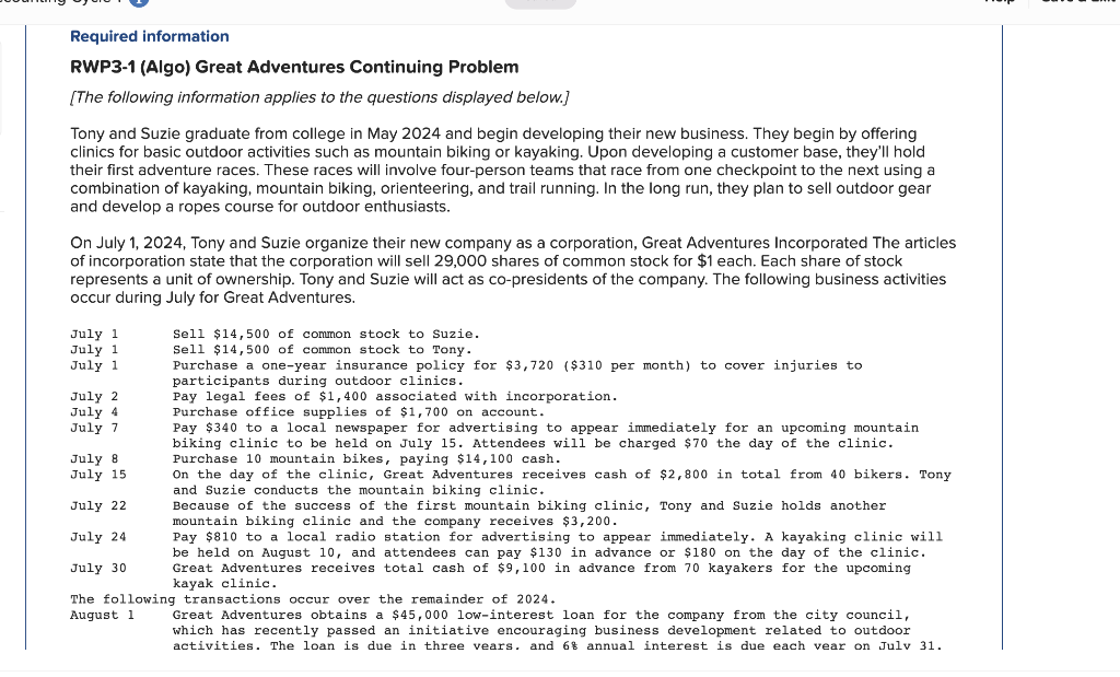 Required information RWP3-1 (Algo) Great Adventures Continuing Problem Skip to question [The