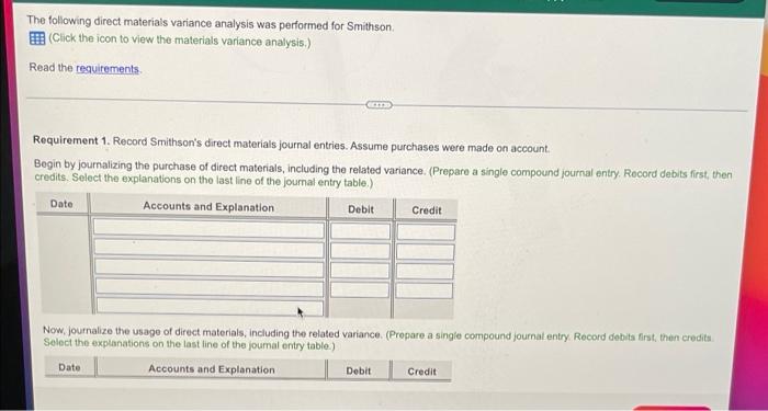 Please help! The following direct materials variance analysis was performed for Smithson.