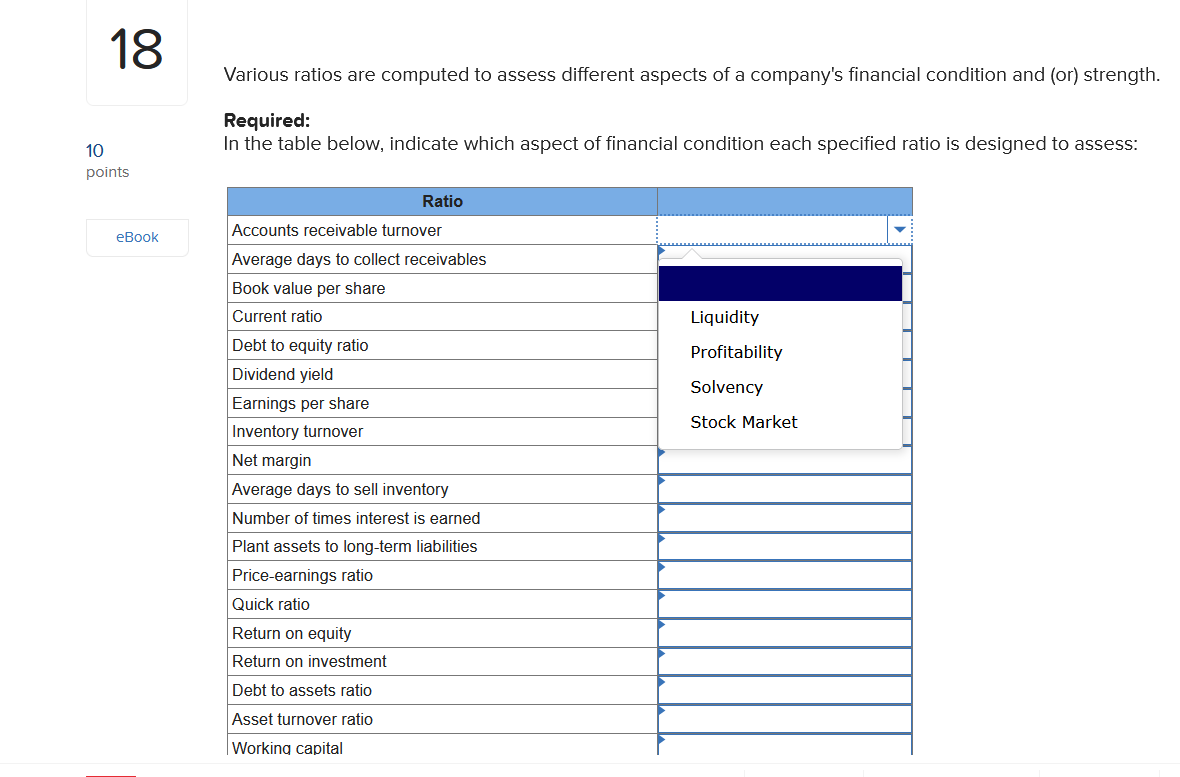 Please help solve for all 18 Various ratios are computed to assess