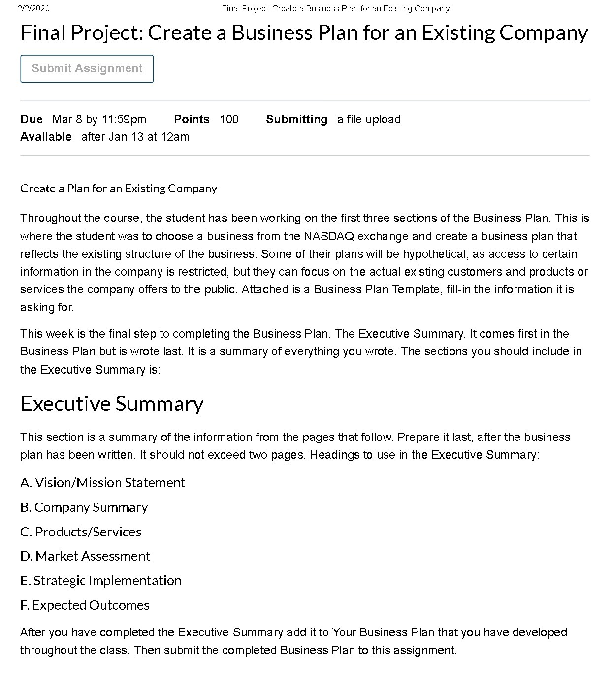  2J2f2020 Final Project: Create a Business Plan for an EXisting Company