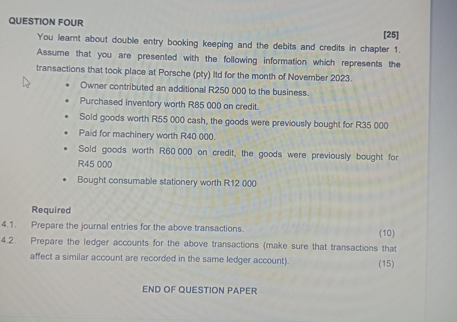  QUESTION FOUR [25] You learnt about double entry booking keeping and