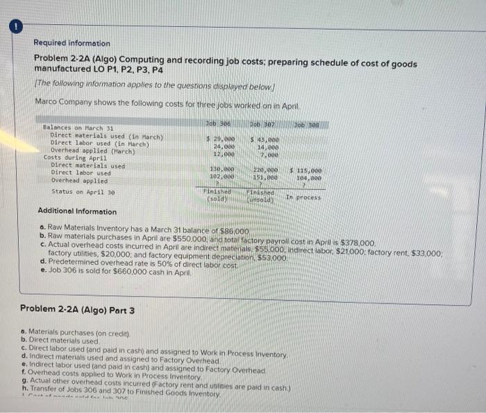 Please help! Required information Problem 2-2A (Algo) Computing and recording job costs: