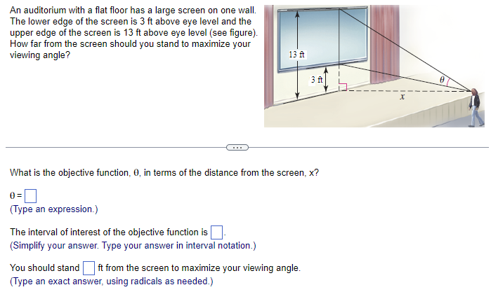  An auditorium with a flat floor has a large screen on