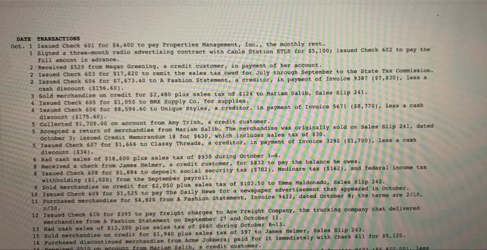 please do all neat handwriting please. DATE TRANSACTIONS Oct. 1 Issued Check
