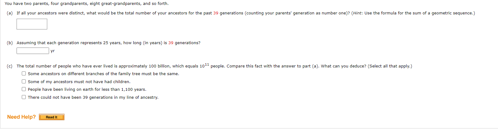  (b) Assuming that each generation represents 25 years, how long (in