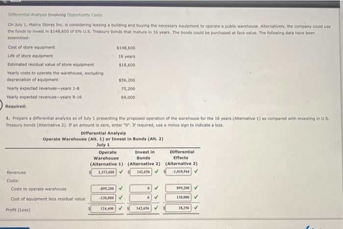 please help me with question 3 Differential Analysis involving Opportunity Costs On