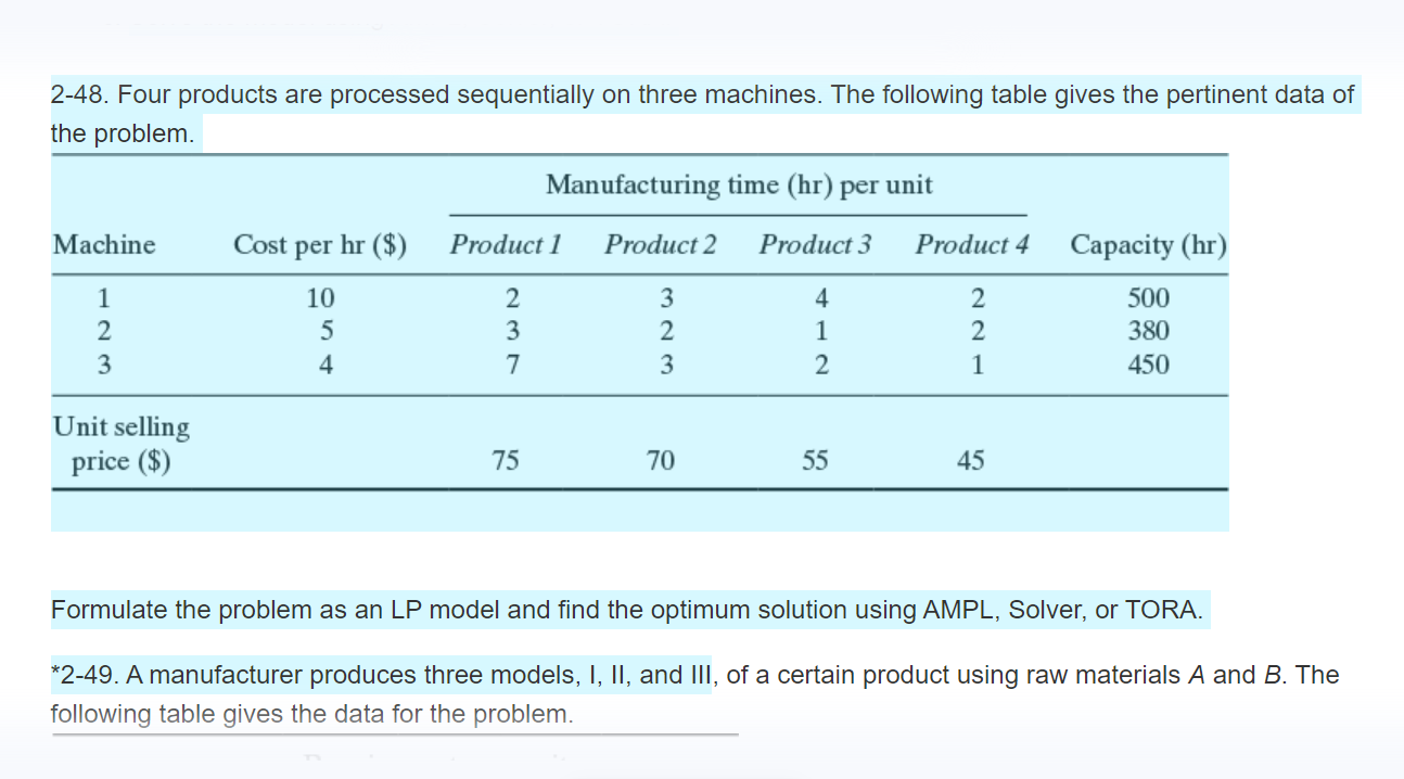 2-48. Four products are processed sequentially on three machines. The following