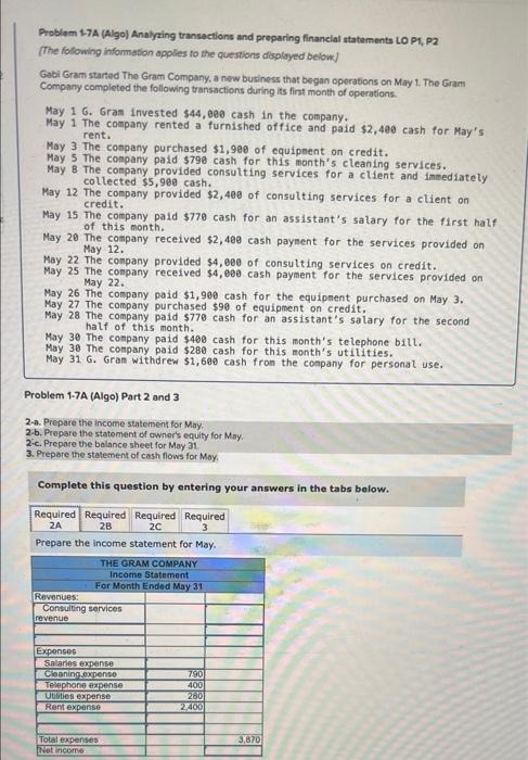  need help Problem 1-7A (Algo) Analyzing transactions and preparing financial statements