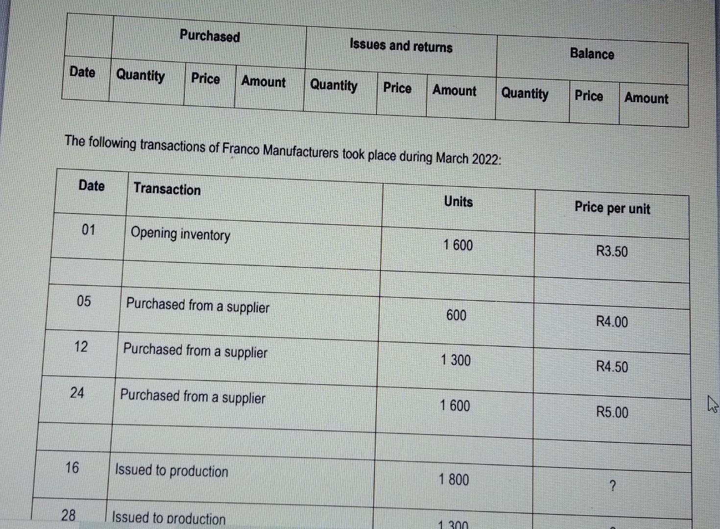 1.5 from the information provided below complete the table using the FIFO