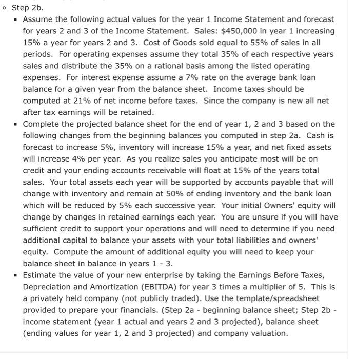 Fill out the balance sheet according to step 2b using the beginning