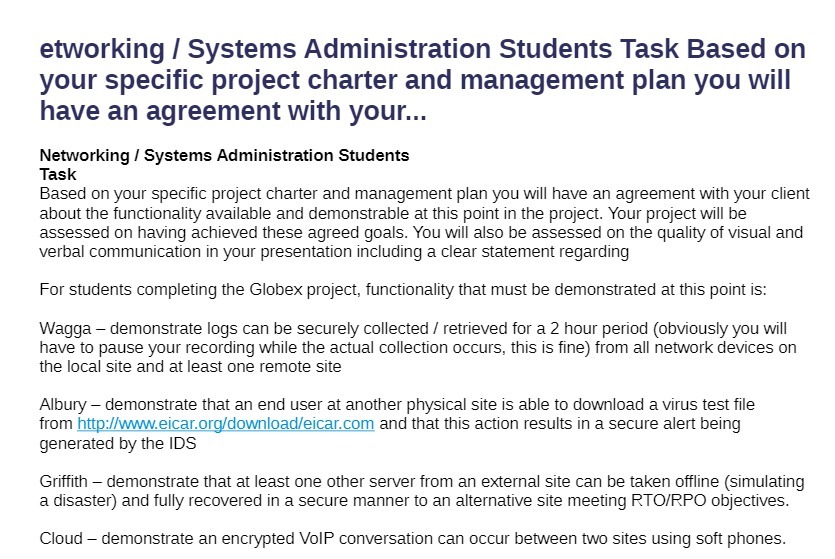  etworking I Systems Administration Students Task Based on your specific project