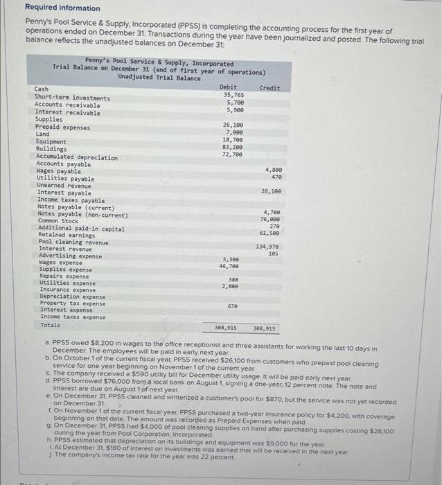  Please complete the table as shown. Required information Penny's Pool Service