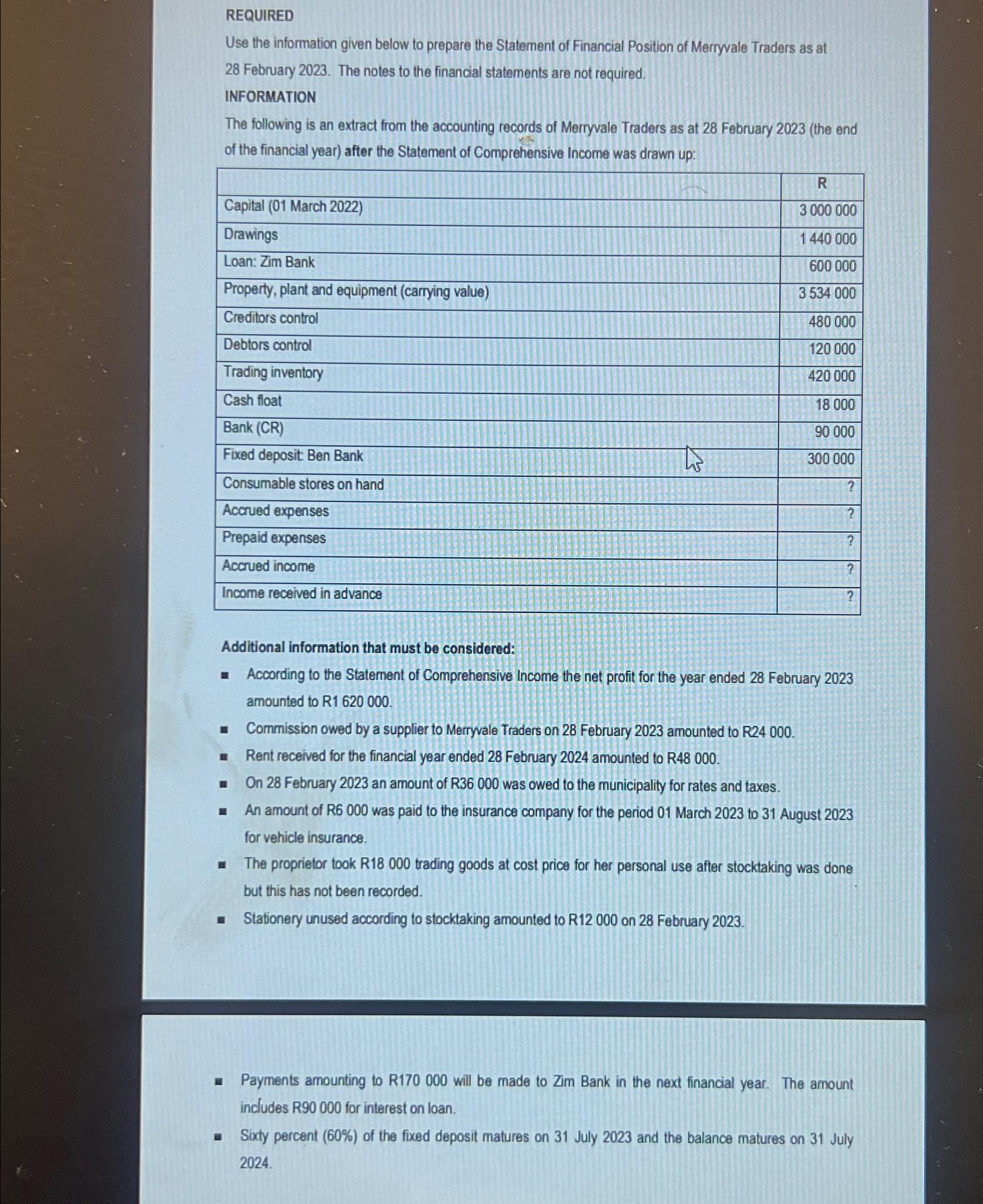  REQUIRED Use the information given below to prepare the Statement of