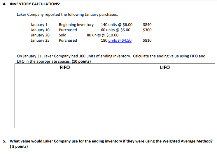  need answer only for requirement 5 4. INVENTORY CALCULATIONS: Laker Company